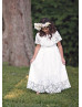 Cape Sleeve White Lace Ankle Length Flower Girl Dress